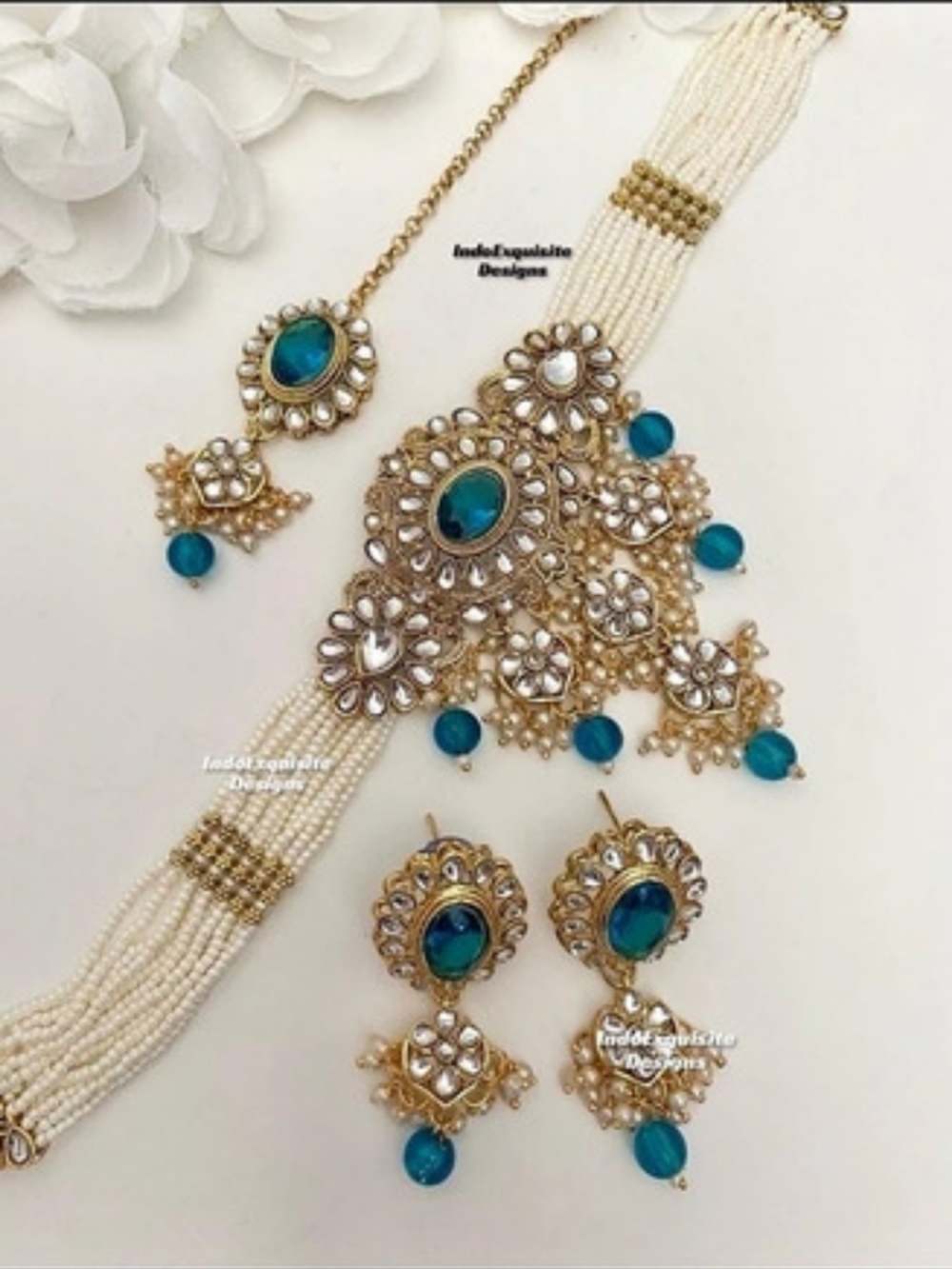 Teal/Peacock/Rama Blue Green Kundan & Pearl Indian Jewelry Earring Choker Tikka